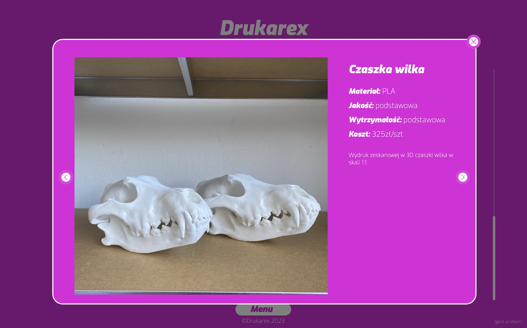 Zrzut wydruku 3D czaszki wilka z parametrami druku